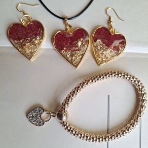 Gold-Tone Heart Earrings and Pendant Set with Red Glitter Accents